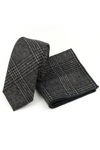 Mens Grey Check Wool Tweed Tie & Pocket square set