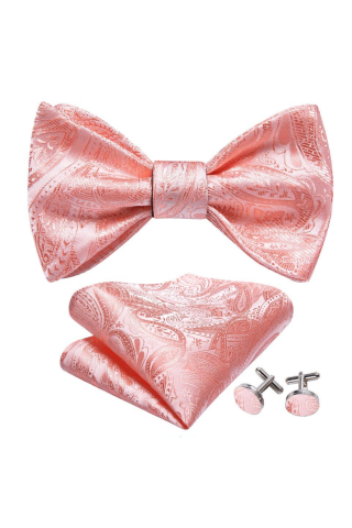 Pink Paisley Self Tie Bow Tie, Cufflink And Handkerchief Set