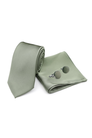 Olive green satin classic mens tie, cufflink & pocket square set