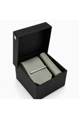 Olive green satin Tie, Pocket Square & Silver Tie Clip Gift Set