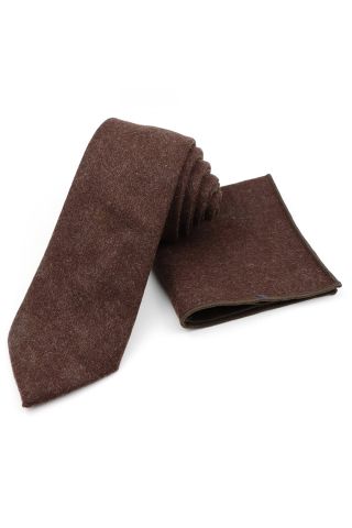 Mens Wool Tweed Brown Tie & Pocket square set