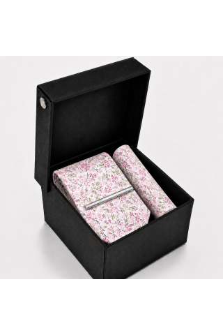 Pink Blossom Floral Tie, Pocket Square & Silver Tie Clip Gift Set