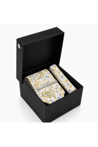 Yellow & Blue Floral Tie Gift Set with Pocket Square & Silver Tie Clip
