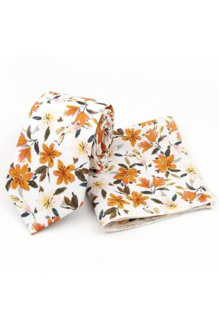 Orange floral cotton classic mens tie & pocket square set