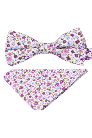 Purple floral cotton classic mens bow tie & pocket square set