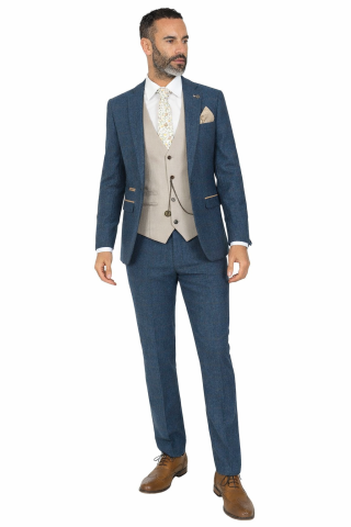 Marc Darcy Dion Blue Tweed Suit with Contrast Stone Waistcoat