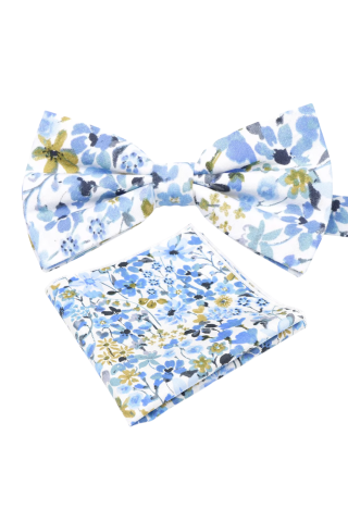 Pastel Blue floral cotton classic mens bowtie & pocket square set