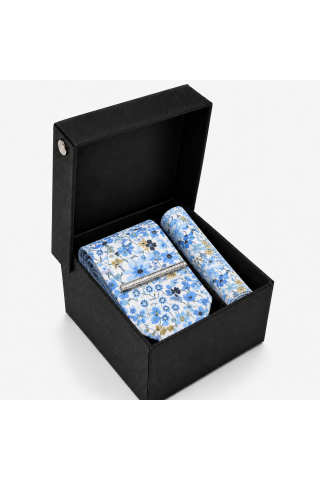 Blue Floral Tie, Pocket Square & Silver Tie Clip Gift Set