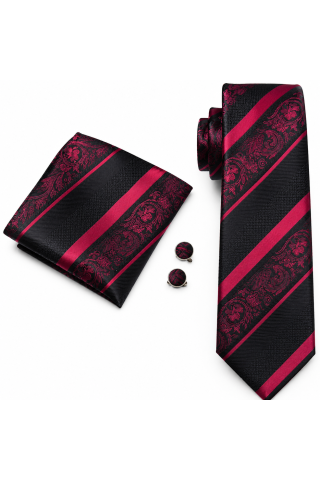 Black & Wine Paisley Stripe Tie, Pocket Square & Cufflink Set