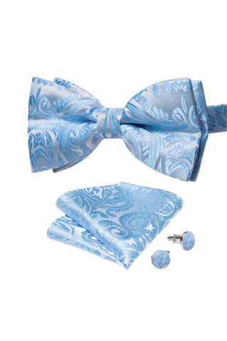 Pastel Blue Paisley Bow Tie, Cufflink And Handkerchief Set