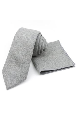 Mens Wool Tweed Grey Tie & Pocket square set