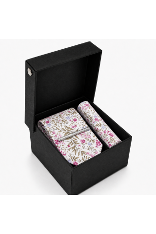 Fuchsia Pink Floral Tie, Pocket Square & Silver Tie Clip Gift Set