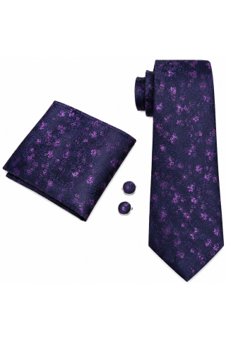 Mens Purple Floral pocket square, Cufflink and tie set