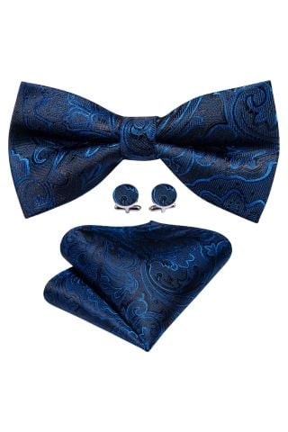 Blue Paisley Bow Tie, Cufflink And Handkerchief Set