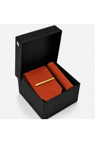 Woven Rust Tie, Pocket Square & Gold Tie Clip Gift Set