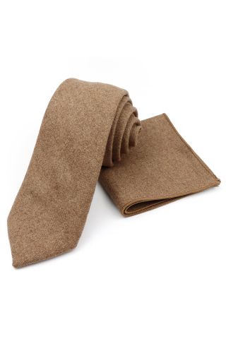 Mens Wool Tweed Tan Tie & Pocket square set