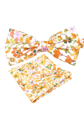 Peach floral cotton classic mens bow tie & pocket square set