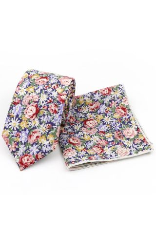 Red & Blue floral cotton classic mens tie & pocket square set