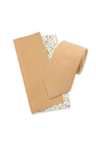 Two Tone Tan Green floral cotton tie & Pocket square set
