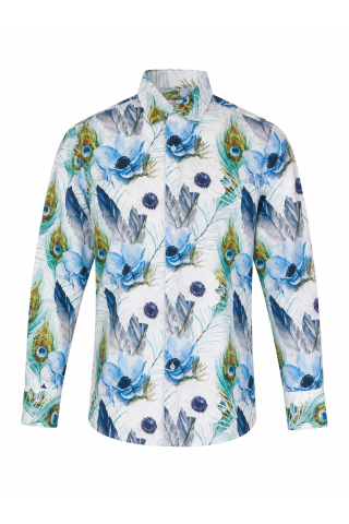 Blue Floral & Peacock Feather Print Long Sleeve Men's Shirt