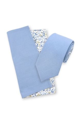 Two Tone Pastel Blue Floral cotton tie & pocket square set