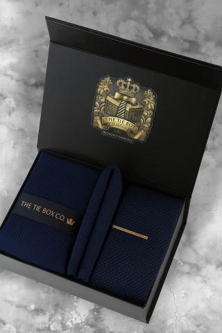 Mens Luxury Navy Knitted Tie Pocket Square  Gift Box Set