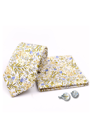 Yellow floral cotton classic mens tie, cufflink & pocket square set