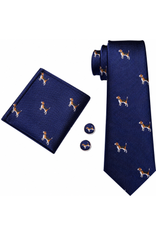 Mans Navy Dog Print Tie, Pocket Square & Cufflink Set
