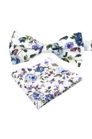 Blue floral cotton classic mens bow tie & pocket square set