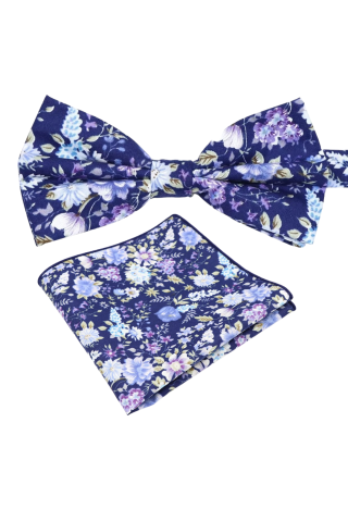 Blue & Purple floral cotton classic mens bow tie & pocket square set