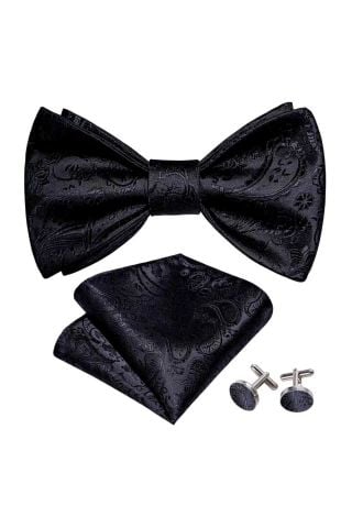 Black Paisley Self Tie Bow Tie, Cufflink And Handkerchief Set