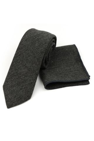 Mens Grey Herringbone Wool Tweed Tie & Pocket square set