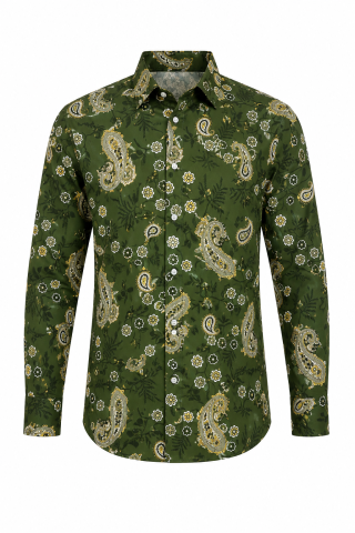 Olive Green Paisley Floral Long Sleeve Men's Shirt