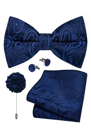 Blue Paisley Bow Tie, Cufflink, Pin And Handkerchief Set