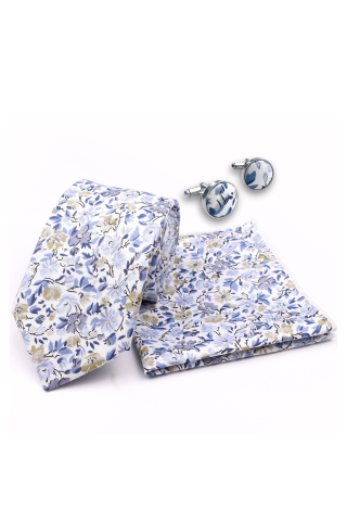Dusky Blue floral cotton classic mens tie, cufflink & pocket square set