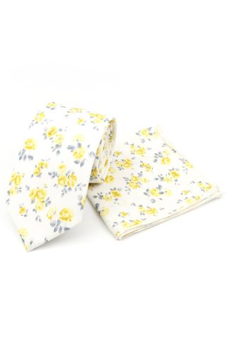 Pastel Yellow floral flower cotton tie & pocket square set