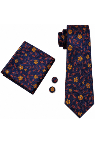 Mens Navy & Rust Floral Tie, Pocket Square and Cufflink Set