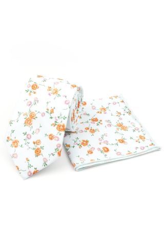 Orange & Pink floral flower cotton tie & pocket square set