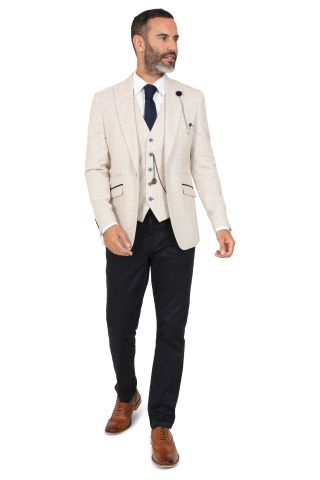 Stone Beige Check Suit with Contras Navy Trousers