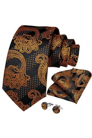 Mens Black and Gold paisley silk wedding tie, pocket square & cufflink set