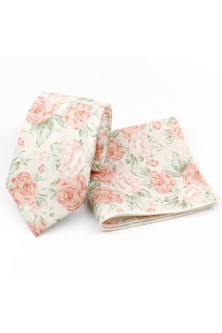 Pastel Pink floral cotton classic mens tie & pocket square set