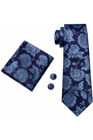 Mens Navy Floral Tie Pocket Square and Cufflink Set