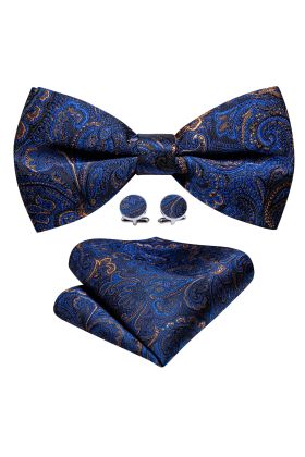 Navy & Brown Paisley Bow Tie, Cufflink And Handkerchief Set 