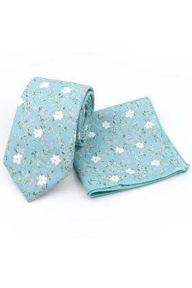 Blue & Pink floral cotton classic mens tie & pocket square set 