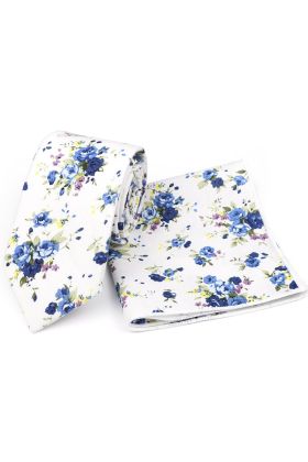 Navy & White  floral cotton classic mens tie & pocket square set 