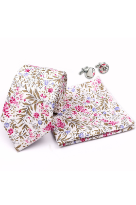 Fuchsia floral cotton classic mens tie, cufflink & pocket square set 