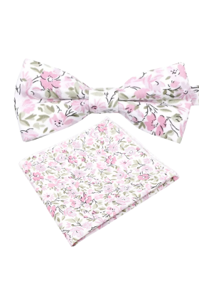 Soft Pink floral cotton classic mens bow tie & pocket square set 