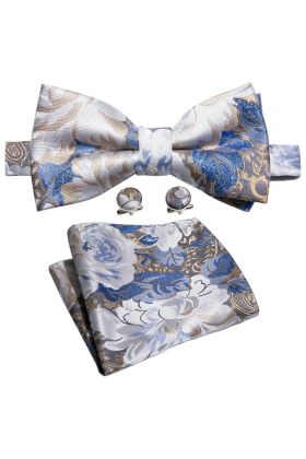 Blue Floral Bow Tie, Cufflink And Handkerchief Set 