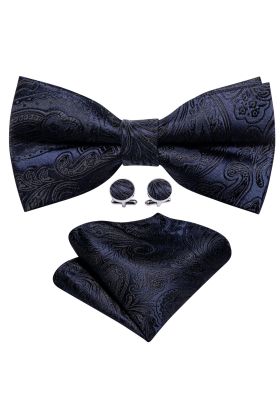 Navy & Black Paisley Bow Tie, Cufflink And Handkerchief Set 
