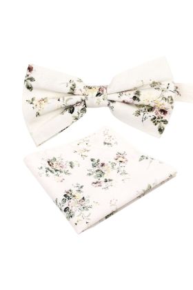 Ivory & Green floral cotton classic mens bow tie & pocket square set 
